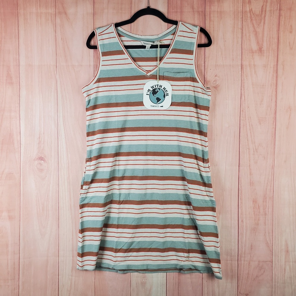Toad & Co Grom Tank Dress Womens Large Multicolor Striped V Neck Ribbed Beach